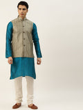 SOJANYA Men Teal Blue & Olive Green Jacquard Ethnic Motifs Straight Kurta with Churidar