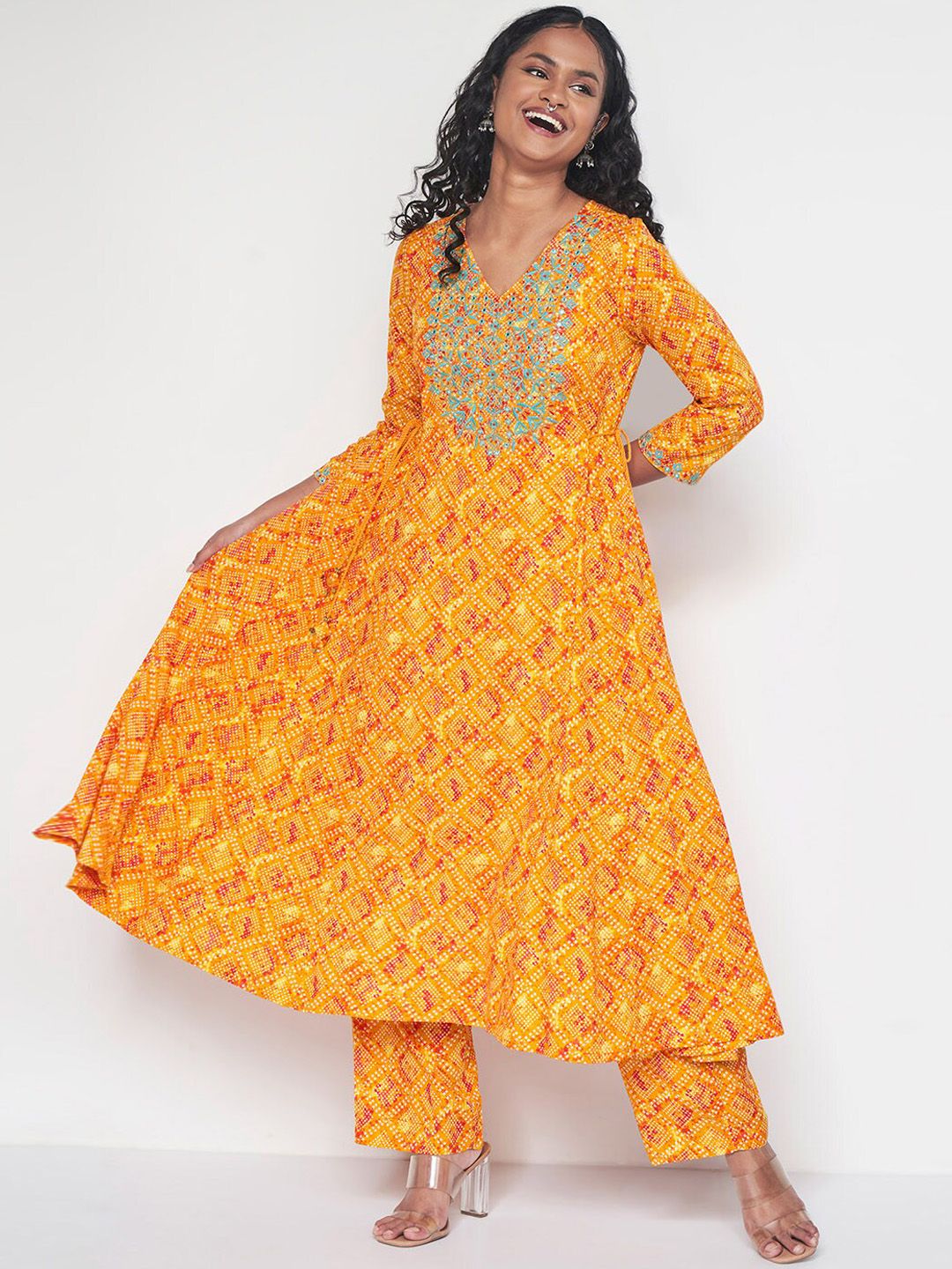 Global Desi Bandhani Printed Thread Work Anarkali Kurta