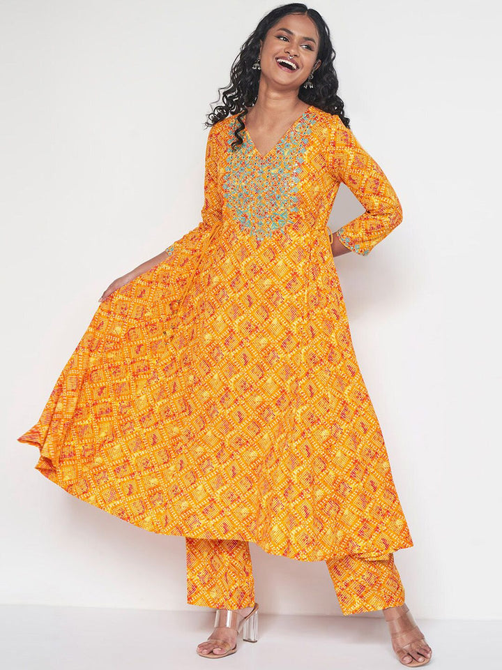 Global Desi Bandhani Printed Thread Work Anarkali Kurta