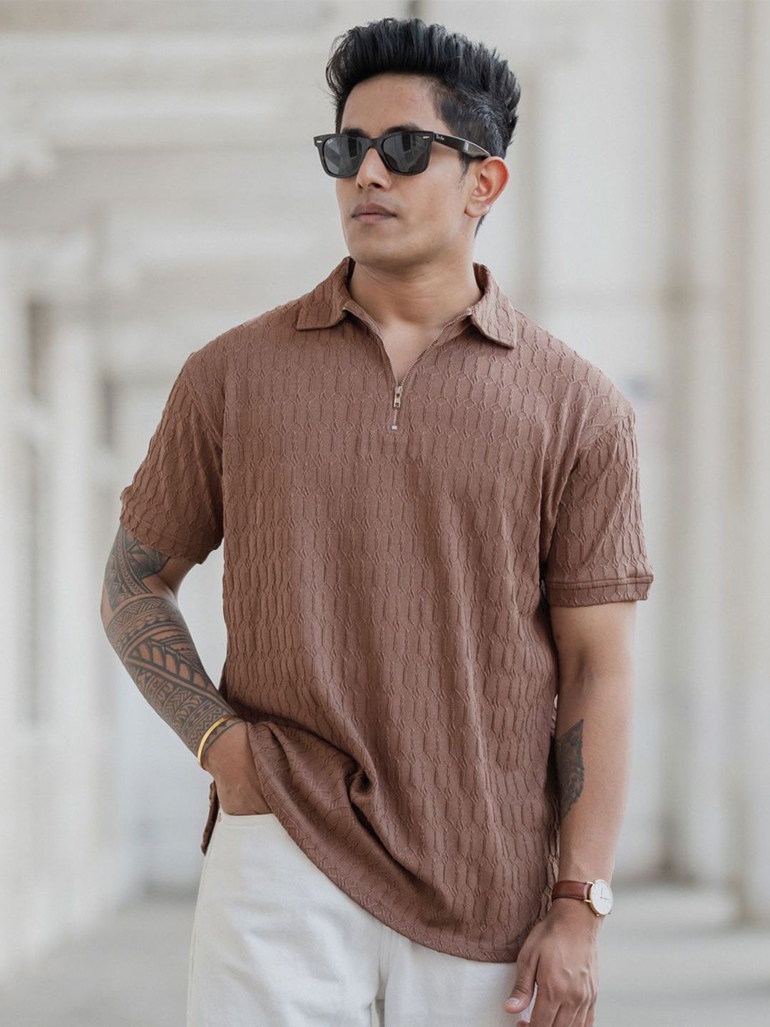 Powerlook Men Self Design Polo Collar Cotton T-shirt