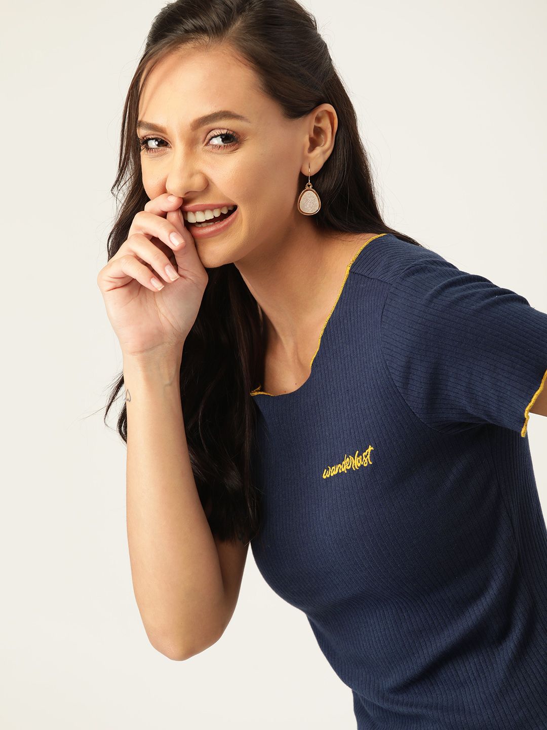 DressBerry Women Navy Blue Solid Ribbed Regular Top