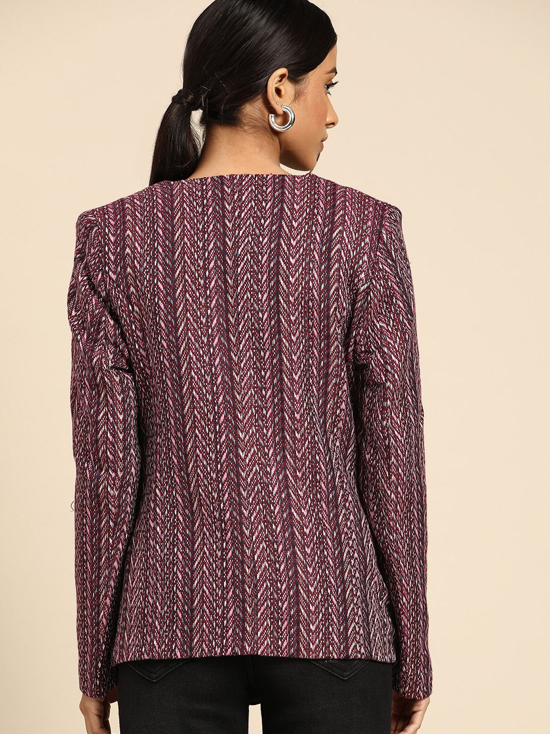 all about you Women Maroon Navy Blue Striped Open Front Jacket