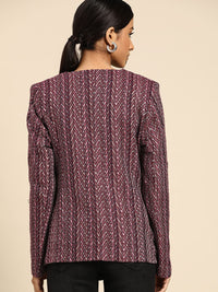 all about you Women Maroon Navy Blue Striped Open Front Jacket