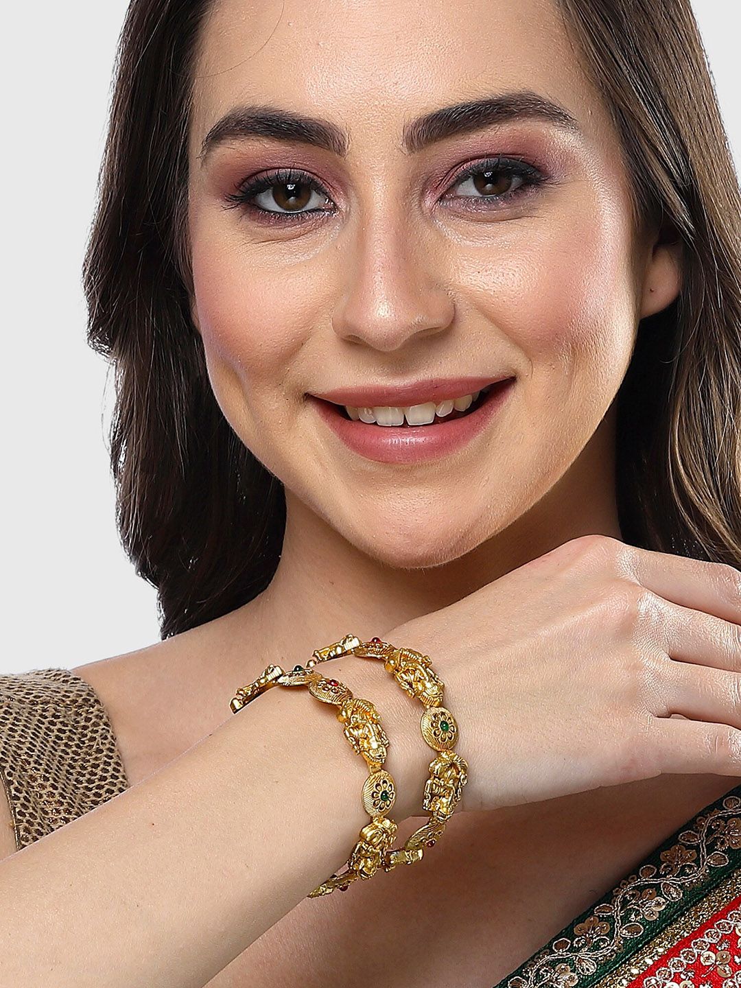 KARATCART Set Of 2 Gold-Plated Stone Studded Lord Ganesha Temple Bangles