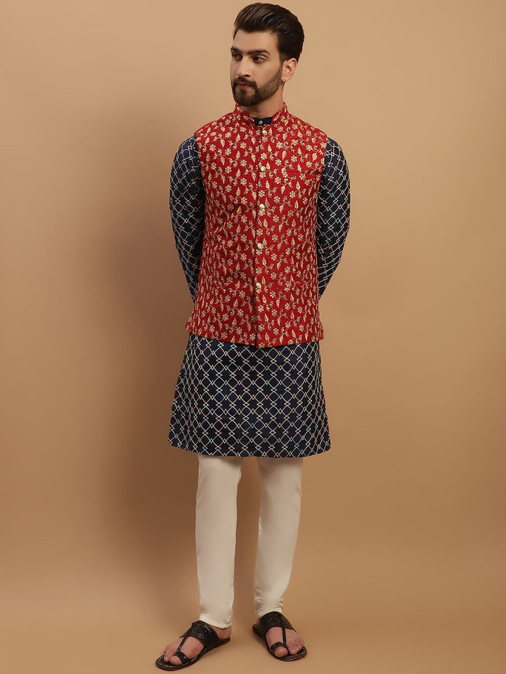SOJANYA Geometric Embroidered Regular Kurta with Churidar & Embroidered Nehru Jacket