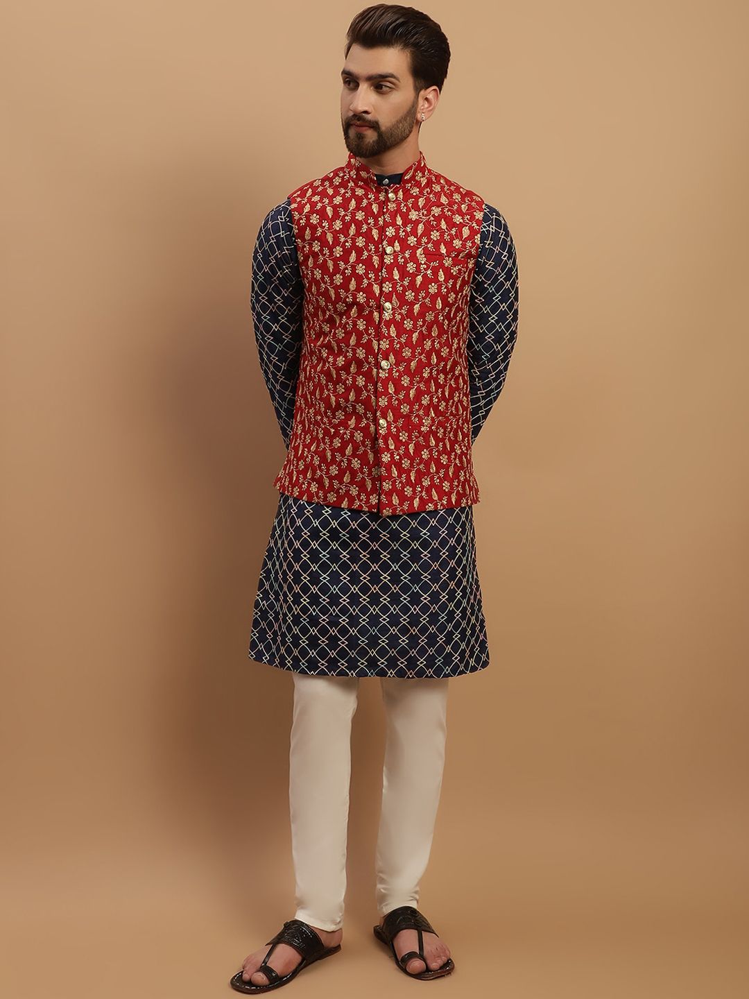 SOJANYA Geometric Embroidered Regular Kurta with Churidar & Embroidered Nehru Jacket