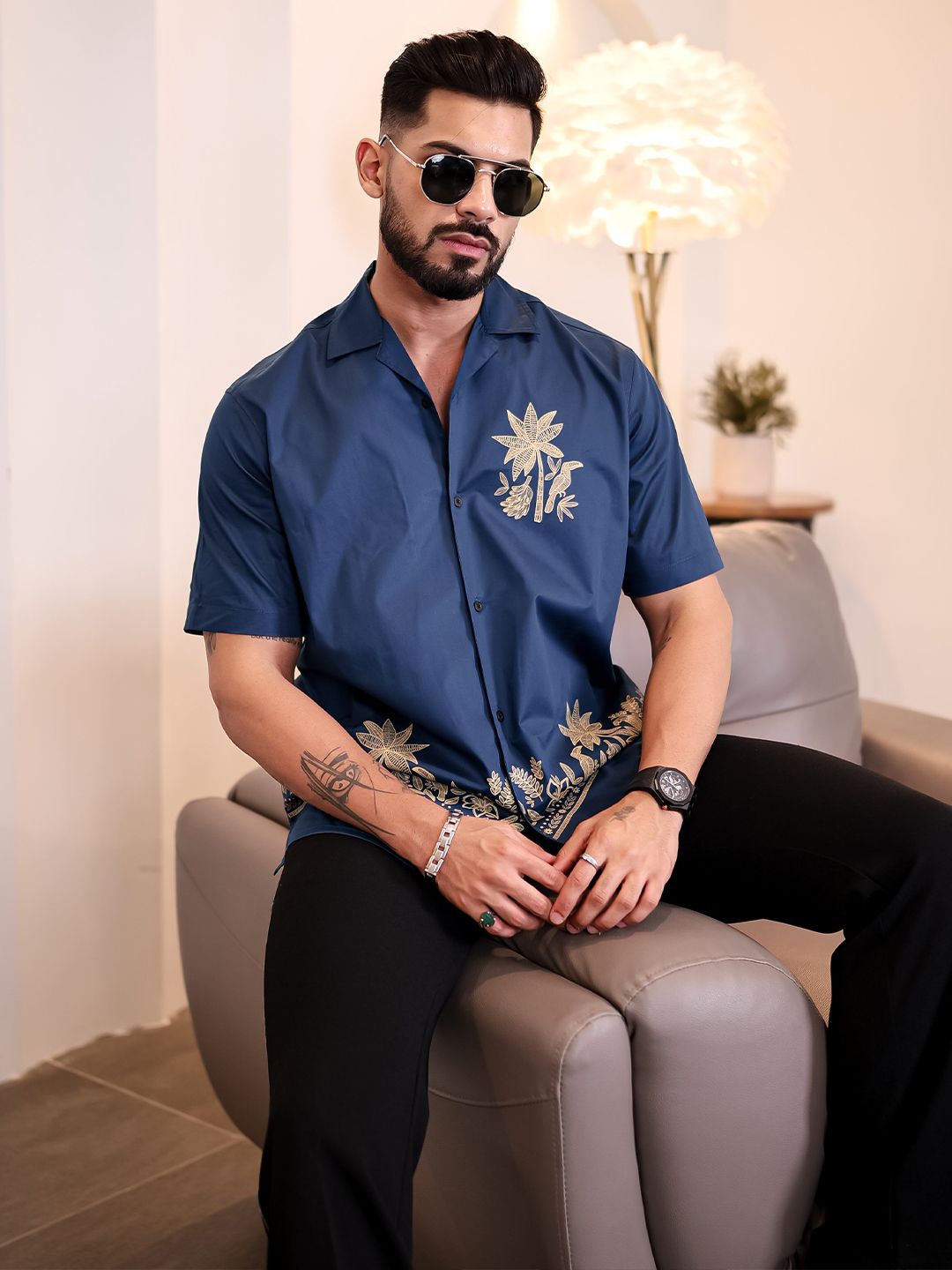 Eszett Men Floral Printed Cuban Collar Cotton Casual Shirt