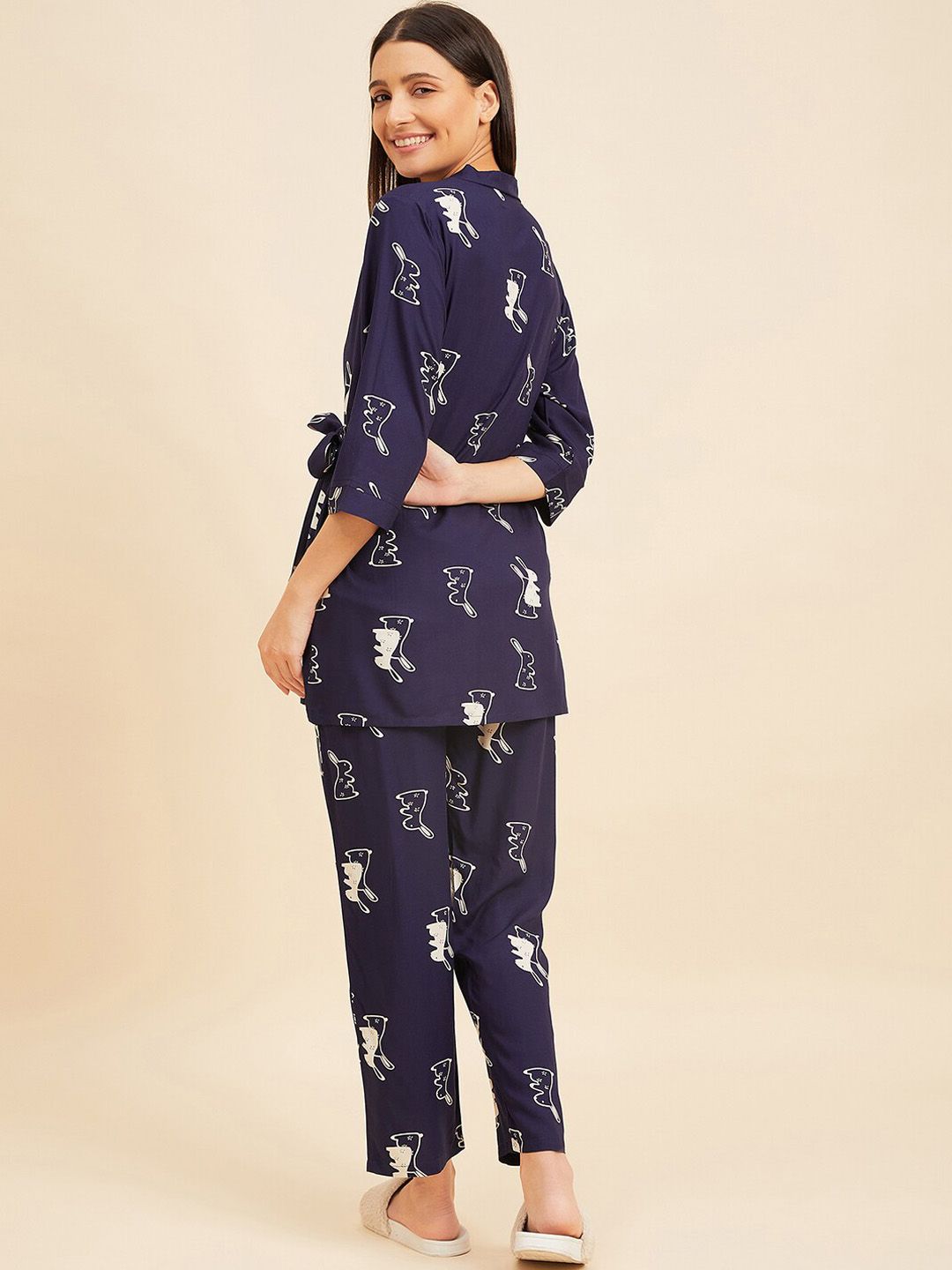 Sweet Dreams 3 Piece Navy Blue & White Conversational Printed Night suit