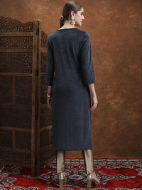 Vishudh Navy Blue Floral Embroidered Straight Kurta