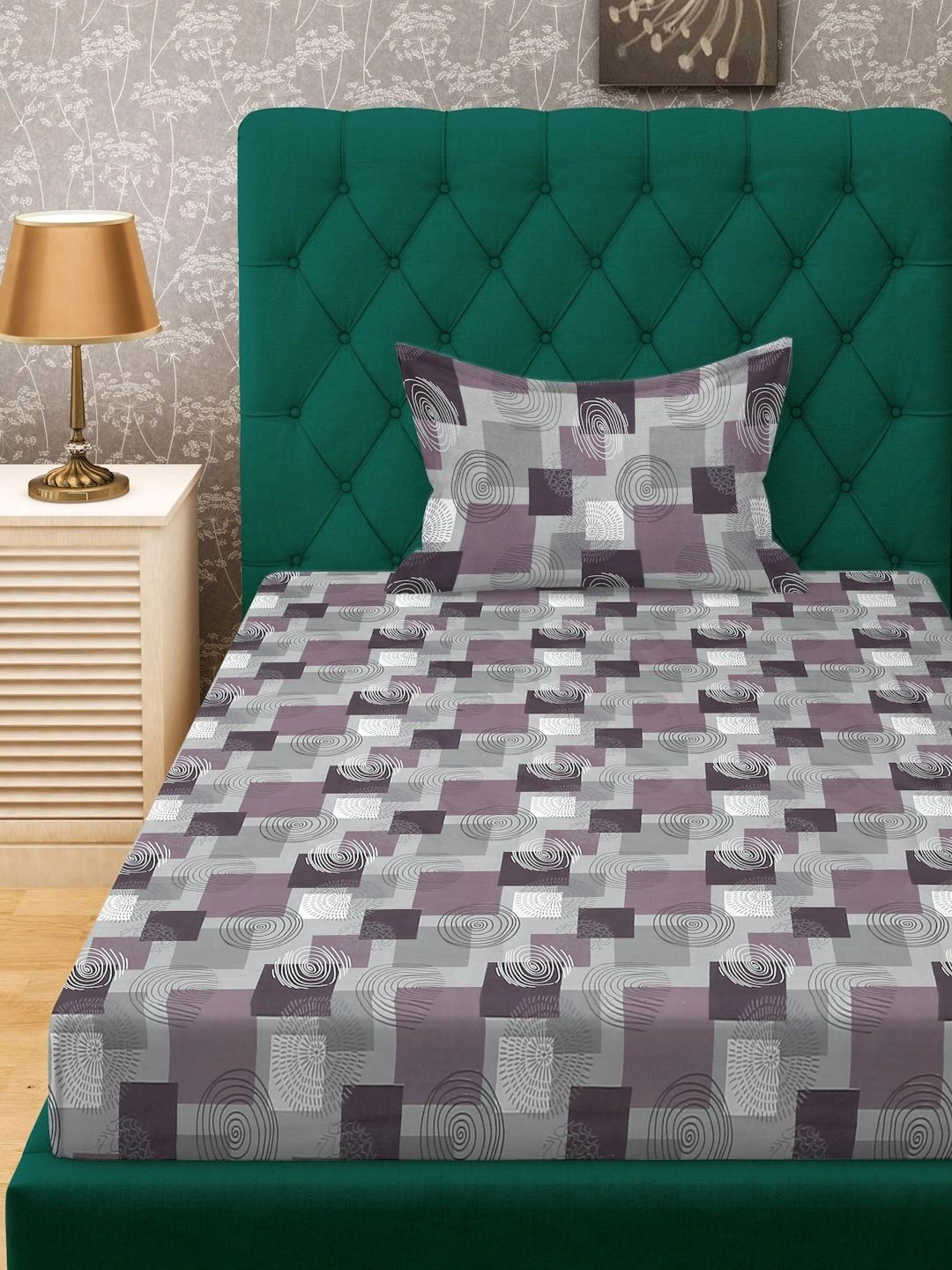 Myntra Elegant Homes Purple & Grey Geometric 400 TC Single Bedsheet with 1 Pillow Covers