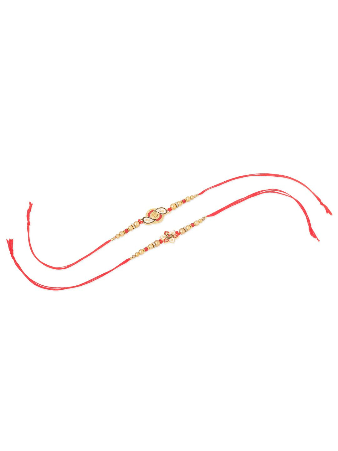 NVR Unisex Set of 2 Floral Artificial Beads Thread Rakhi With Roli Chawal Chandan Mishri