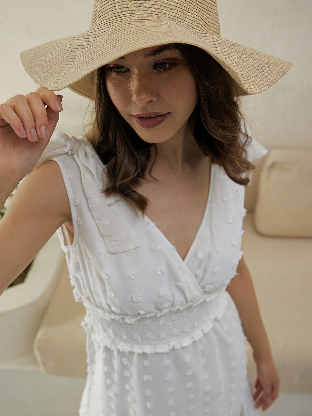 Berrylush White Self Design V-Neck Smocked Maxi Dress