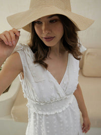 Berrylush White Self Design V-Neck Smocked Maxi Dress