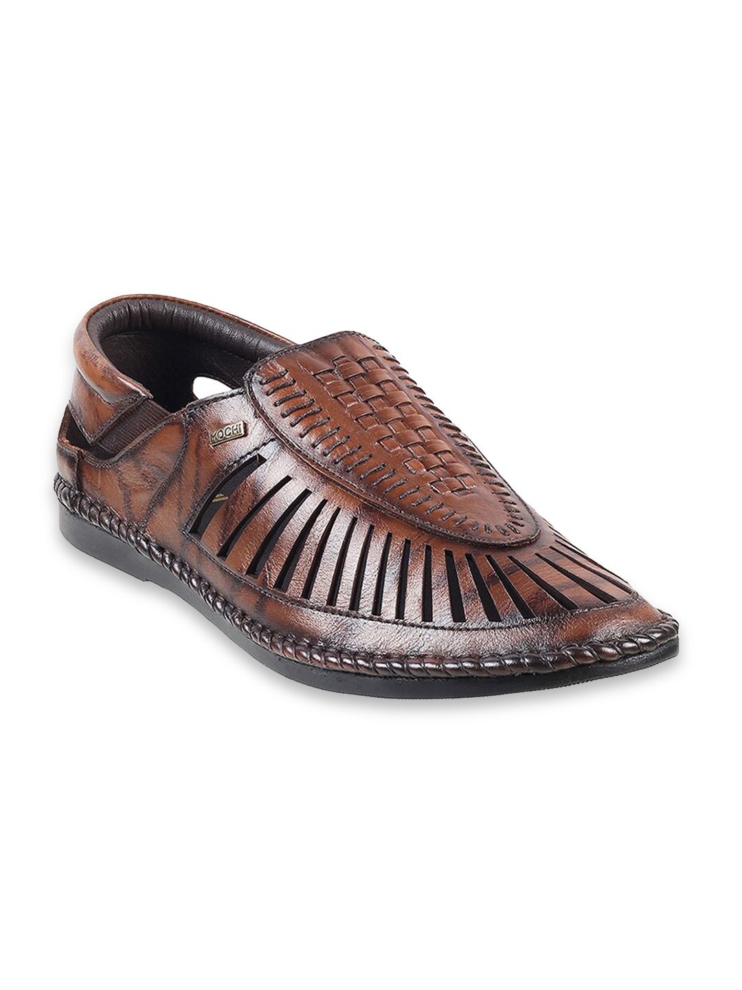 Mochi Men Textured Leather Shoe-Style Sandals With Laser Cuts
