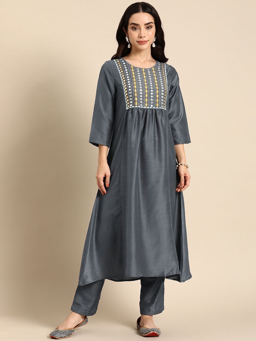 Anouk Ethnic Motifs Embroidered Regular Mirror Work Kurta with Trousers