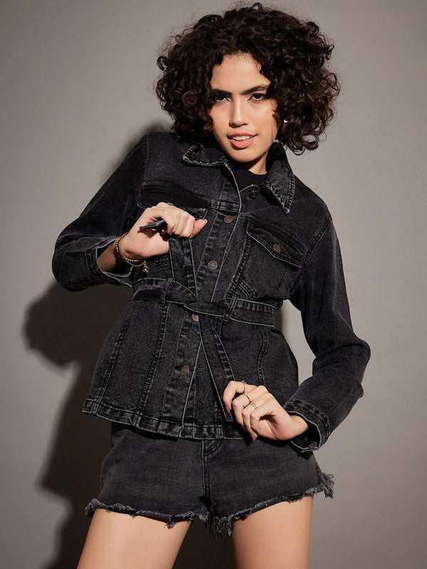 SASSAFRAS Black Washed Spread Collar Denim Jacket