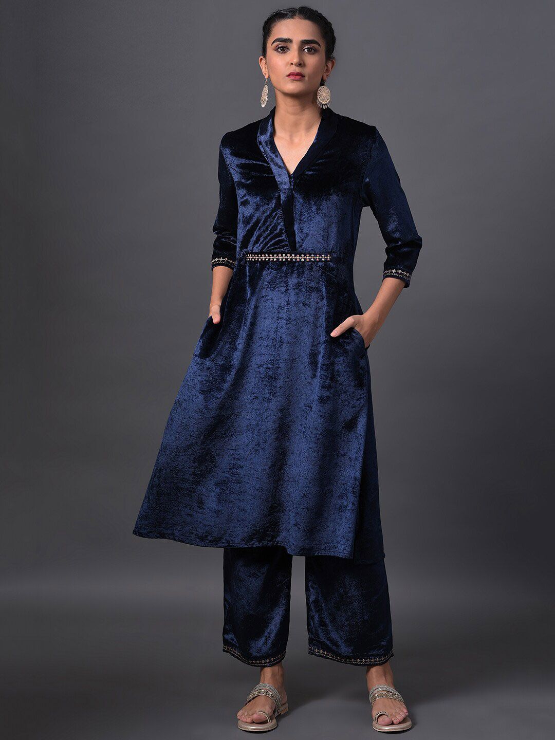 W Women Velvet Kurta with Embroidered Belt and Palazzos