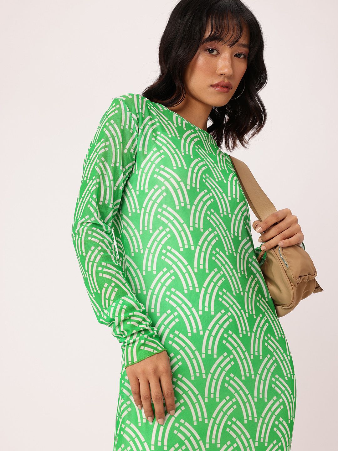 DressBerry Sleek Charm Printed Soft Mesh Sheath Midi Dress With A Inner Slip