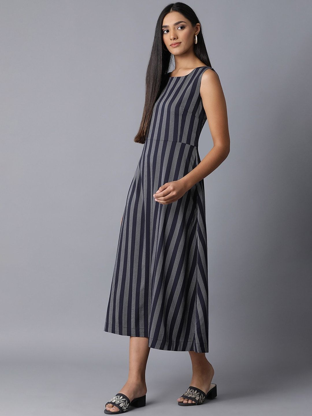 W Women Navy Blue Striped A-Line Dress