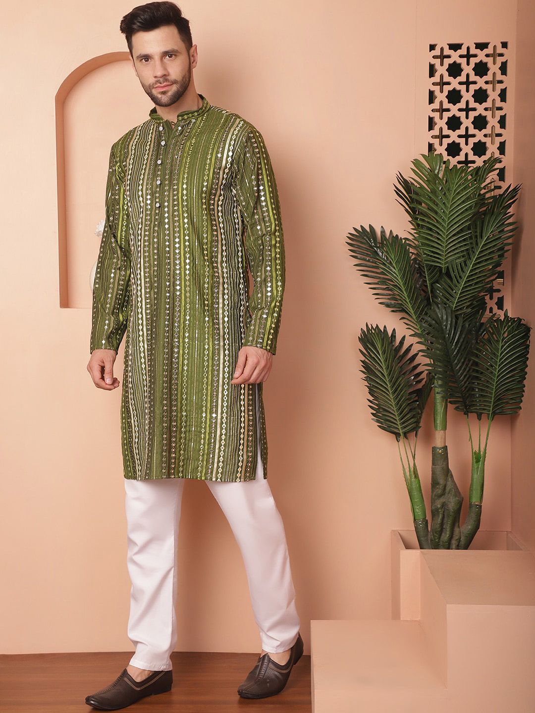 Jompers Geometric Embroidered Regular Mirror Work Straight Kurta With Pyjamas