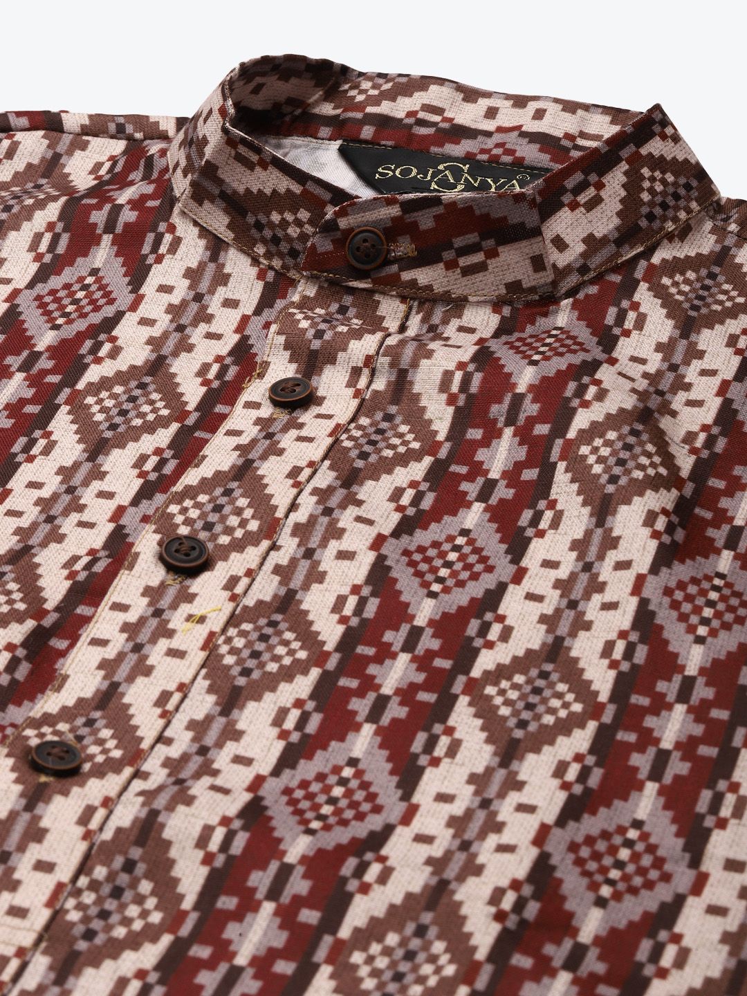 SOJANYA Men Maroon & Brown Pure Cotton Geometric Printed Kurta