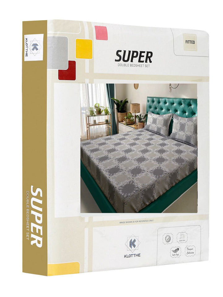 KLOTTHE Grey Printed Pure Cotton 400 TC Dilengkapi Cadar Double King Dengan 2 Sarung Bantal