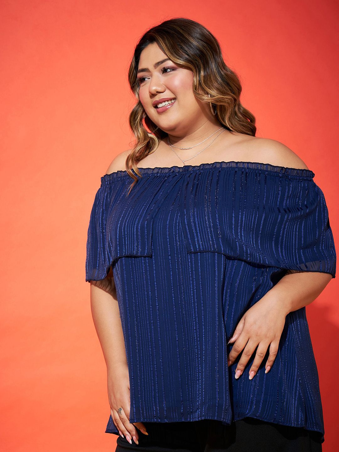 SASSAFRAS Curve Navy Blue Plus Size Vertical Stripes Off-Shoulder Cape Sleeves Bardot Top