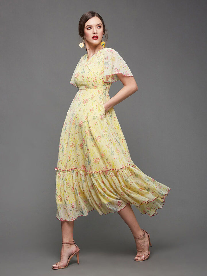 Miss Chase Floral Printed Flared Sleeves Chiffon A-Line Midi Dress