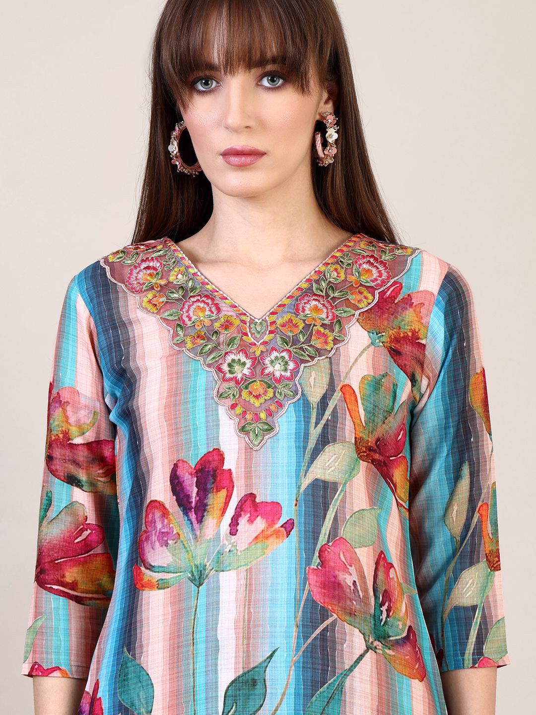 KALINI Floral Embroidered Thread Work Pure Cotton Kurta with Trousers & Dupatta