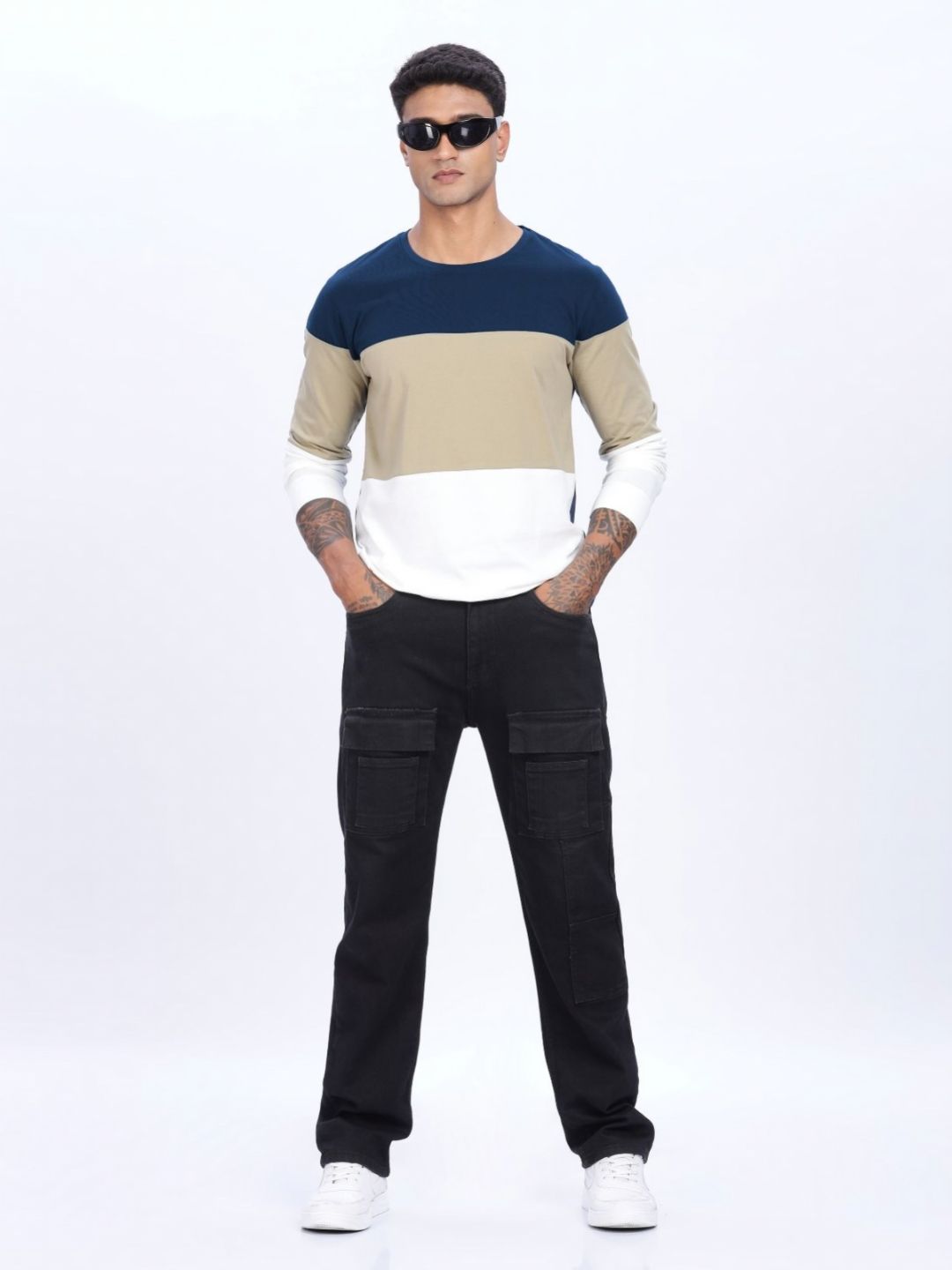ADRO Men Colourblocked Round Neck Cotton T-shirt