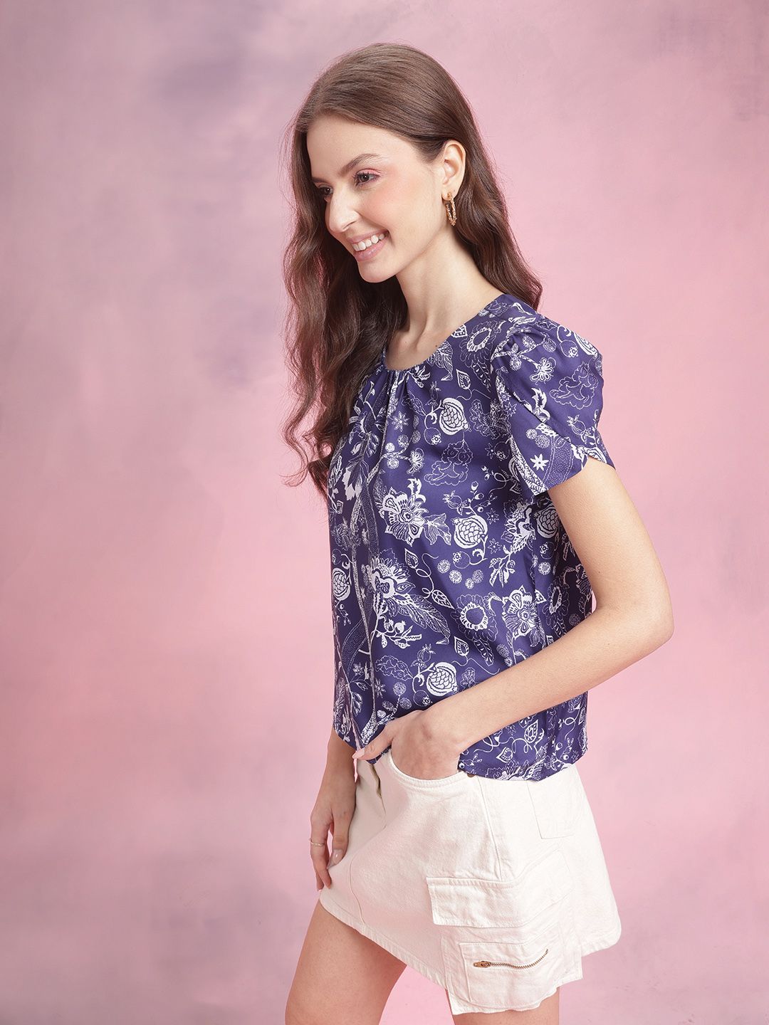 DressBerry Floral Print Gather Detail Puff Sleeve Top