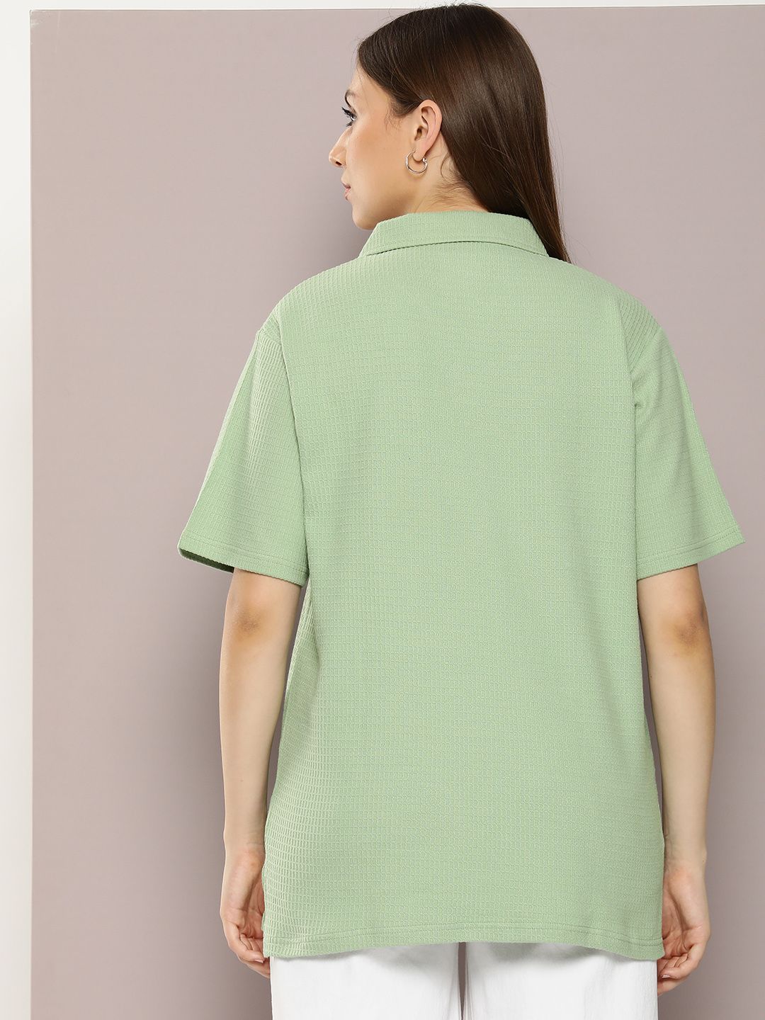 DILLINGER Women Waffle Structure Self Design Oversized Polo Collar T-shirt