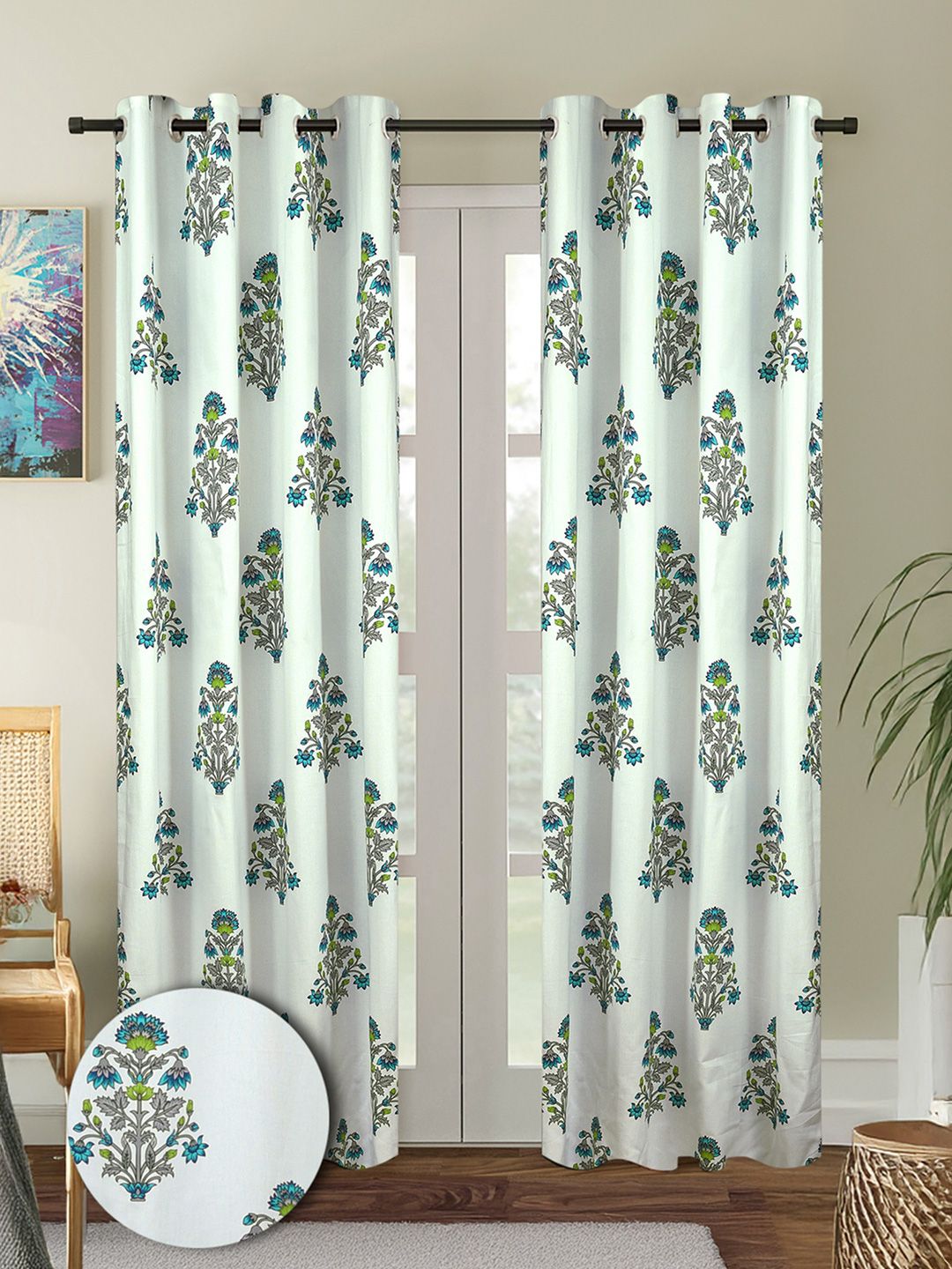 Cortina White & Green 2 keping Motif Etnik Tirai Pintu Bercetak