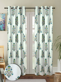 Cortina White & Green 2 Pieces Ethnic Motifs Printed Cotton Door Curtains