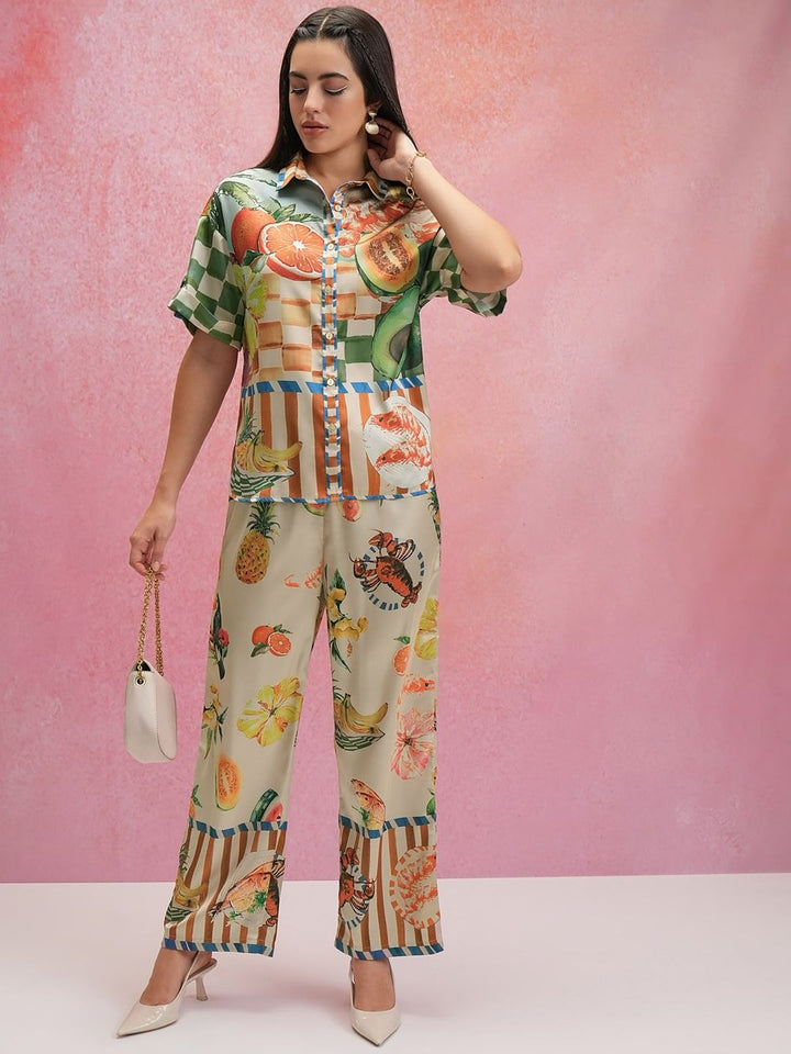 Tokyo Talkies Printed Satin Shirt Collar Shirt With Trousers Co-Ords