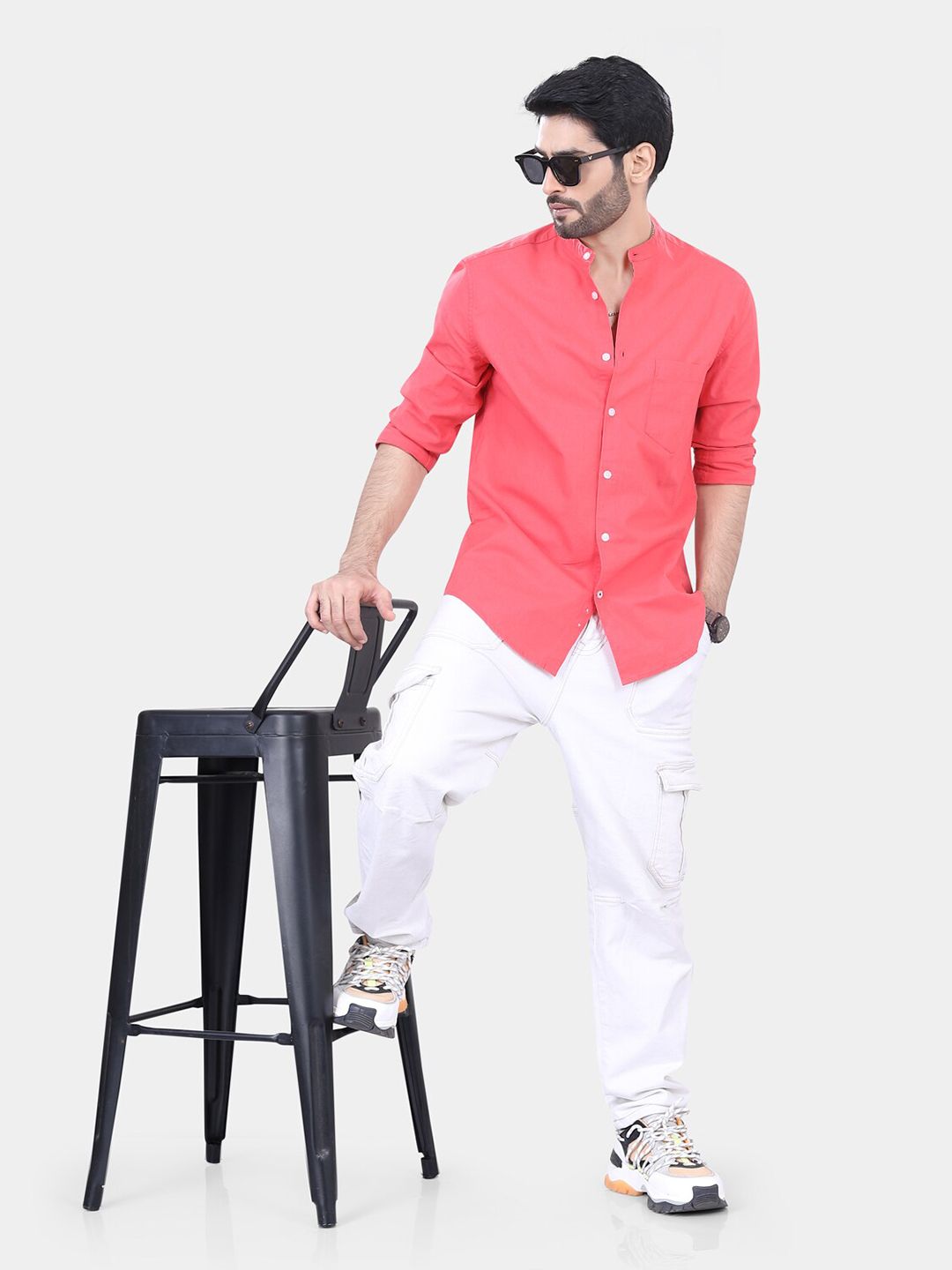 VASTRADO Classic Band Collar Long Sleeves Slim Fit Casual Shirt