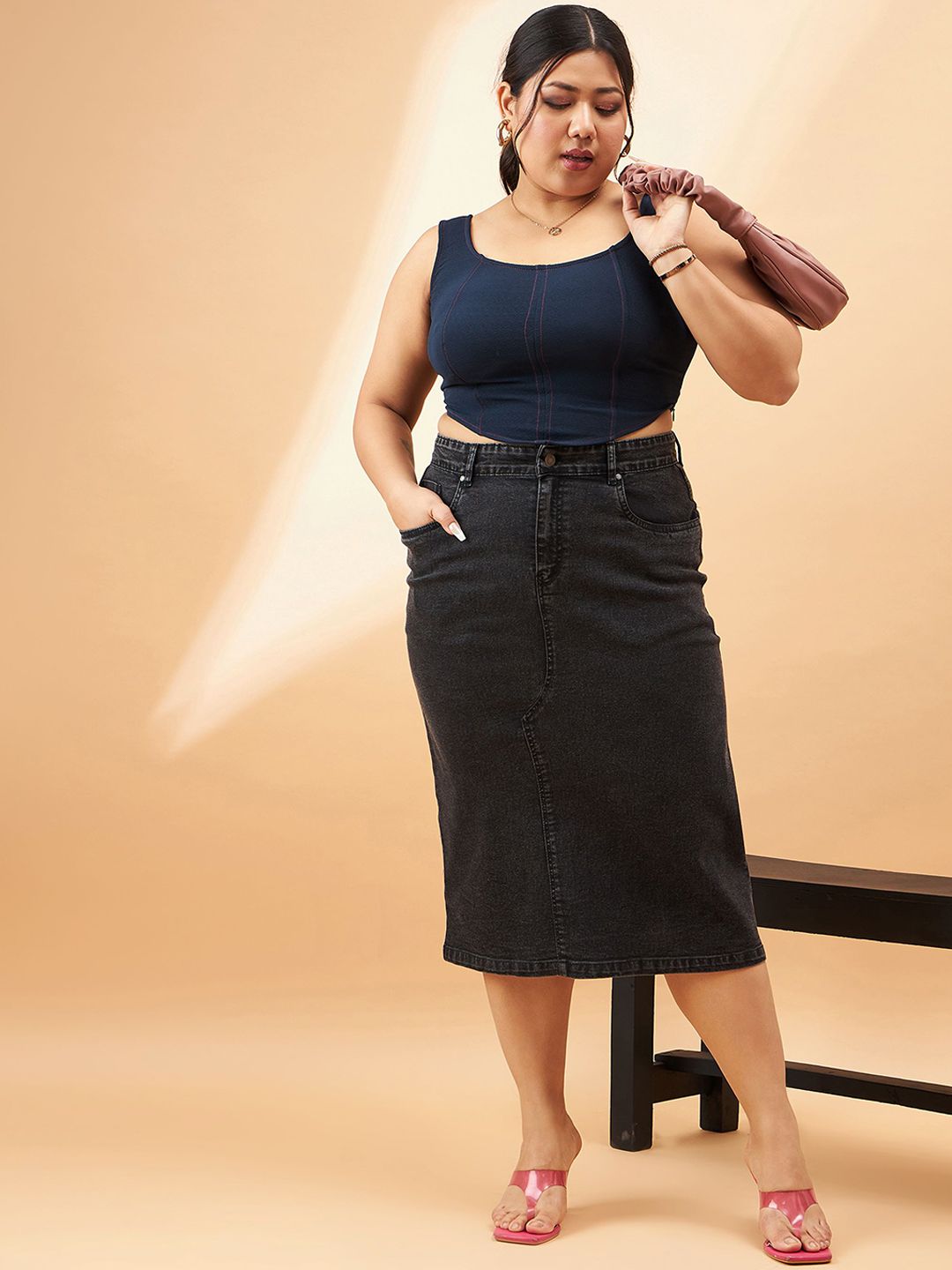 SASSAFRAS Curve Plus Size Midi A-Line Skirt