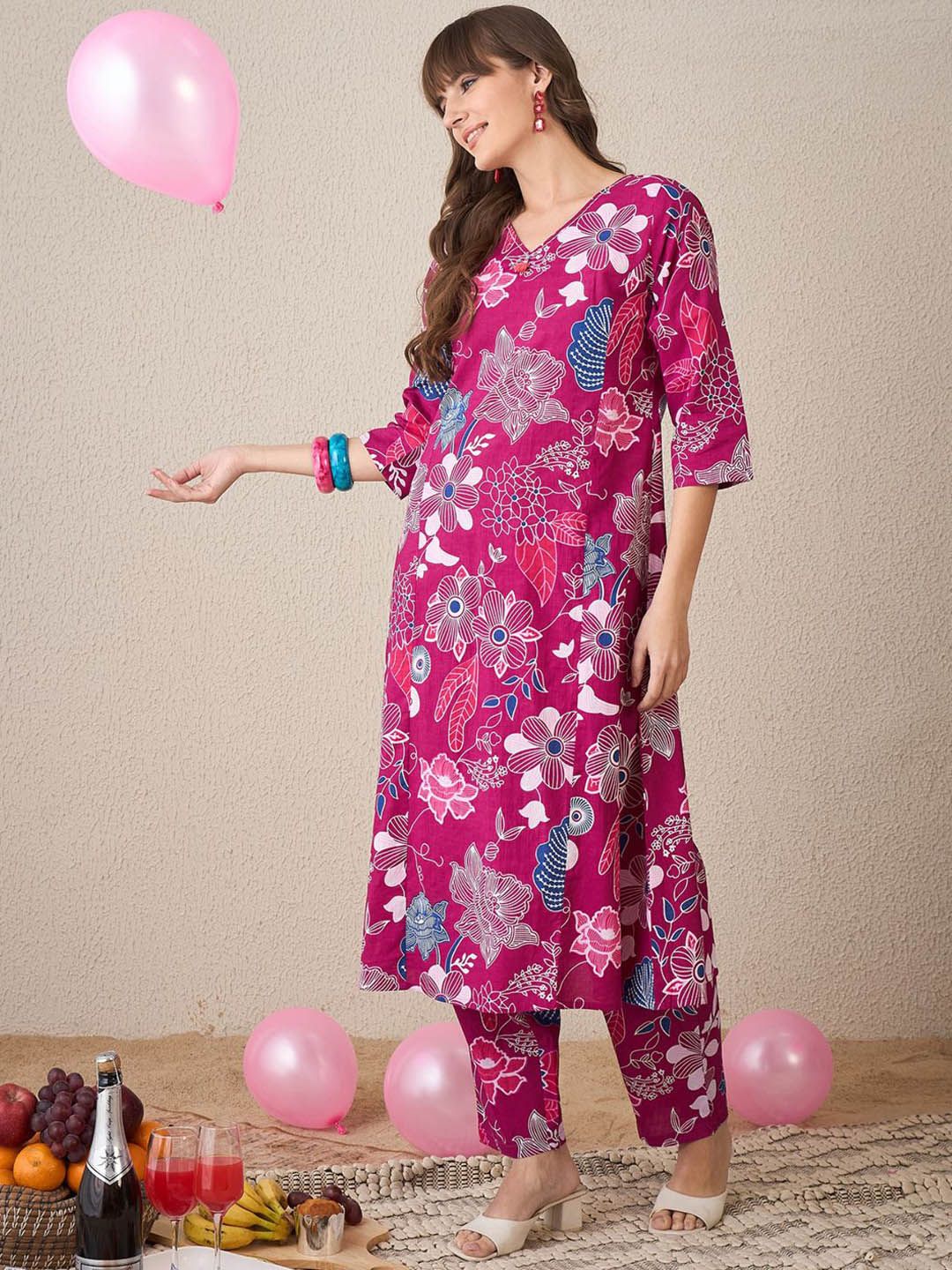 Indo Era Women Floral Printed Regular Pure Cotton Kurta with Trousers