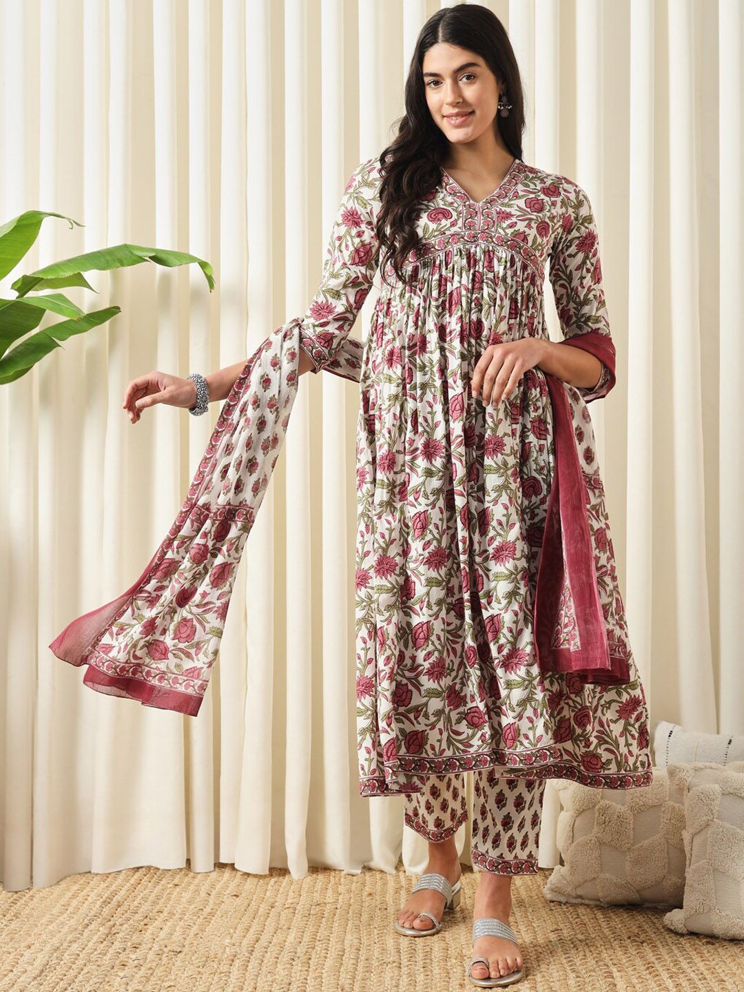 KALINI Floral Printed Pure Cotton Empire Kurta With Trouser & Dupatta