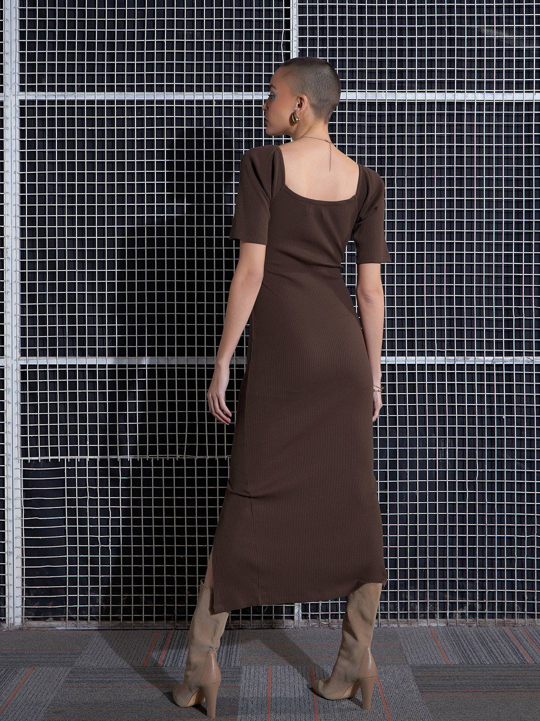 SASSAFRAS Brown V-Neck Cut-Out Side Slit Midi Sheath Dress