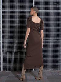 SASSAFRAS Brown V-Neck Cut-Out Side Slit Midi Sheath Dress
