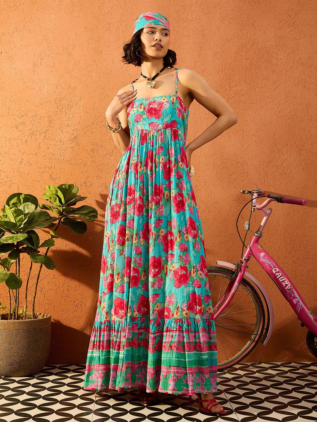 Pink Paprika by SASSAFRAS Floral Printed Gathered or Pleated Maxi Dress