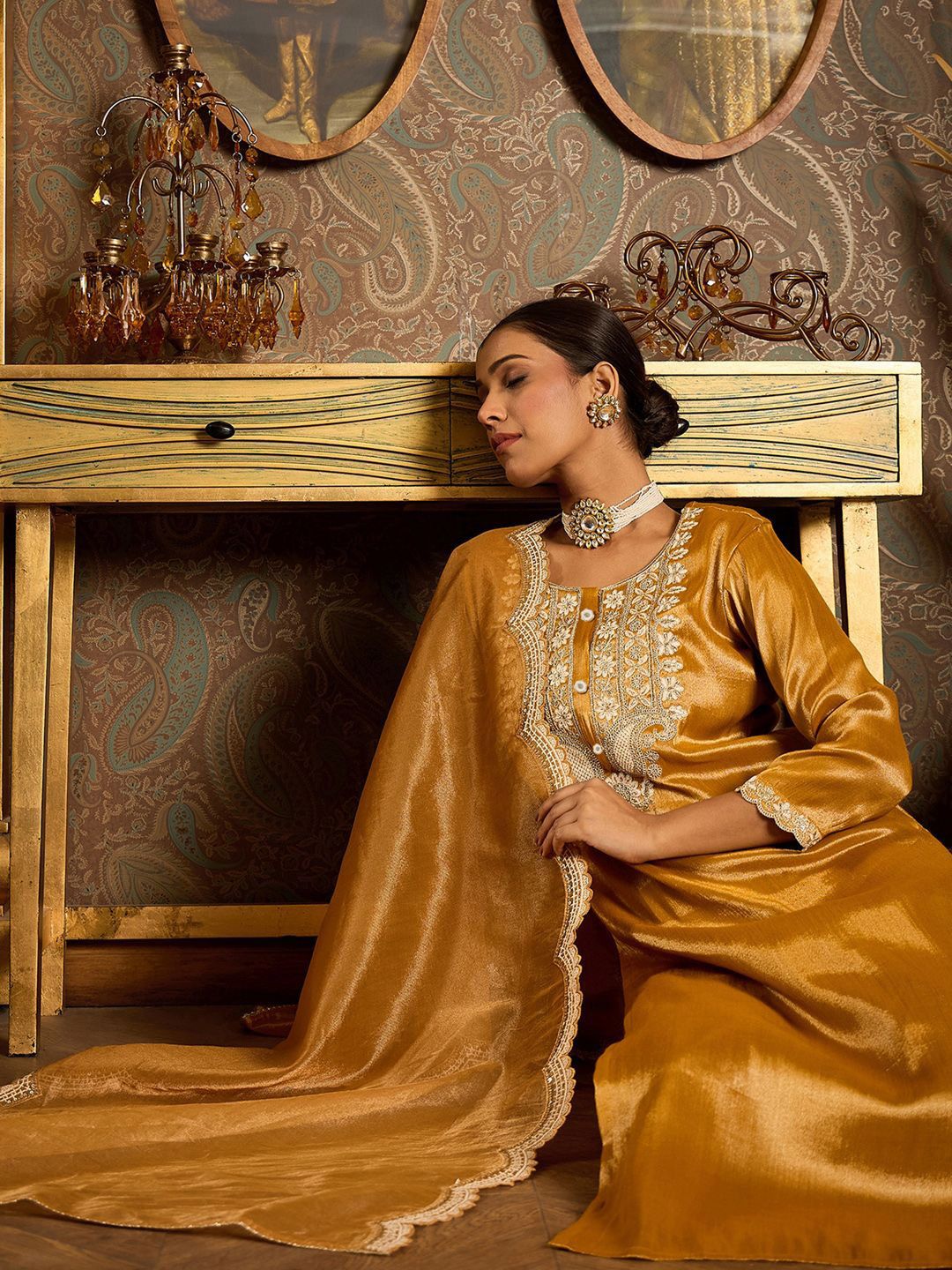 Indo Era Floral Embroidered Round Neck Regular Liva Kurta With Trouser With Dupatta