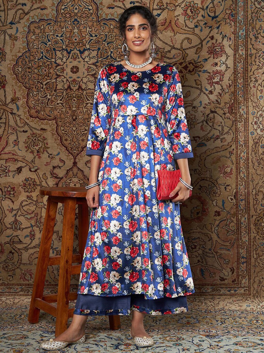 Shae by SASSAFRAS Women Blue Floral Printed Pleated Velvet Kurta with Palazzos