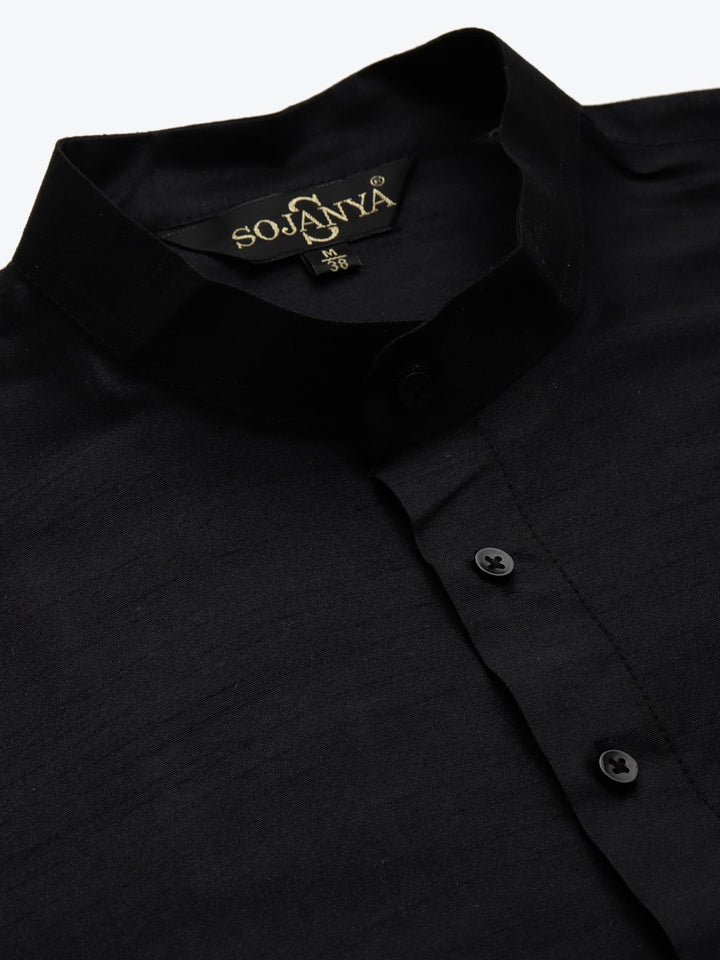 SOJANYA Men Black & Grey Jacquard Woven Design Kurta with Churidar & Nehru Jacket