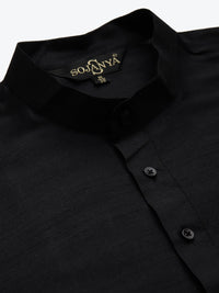 SOJANYA Men Black & Grey Jacquard Woven Design Kurta with Churidar & Nehru Jacket