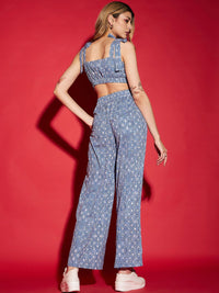 SASSAFRAS Blue Printed Crop Top With Trousers Co-Ords