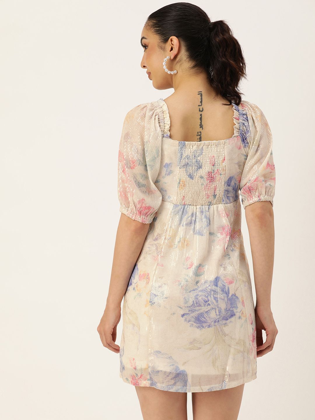 AND Sequined Embellished Floral Puff Sleeves A-Line Dress