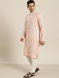 SOJANYA Men Peach-Coloured & Blue Striped Pure Cotton Kurta