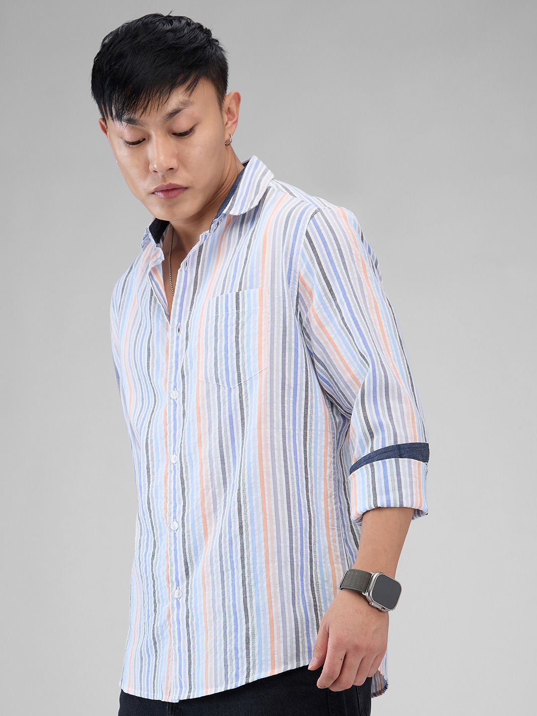 VASTRADO Men Classic Cutaway Collar Vertical Striped Cotton Slim Fit Casual Shirt
